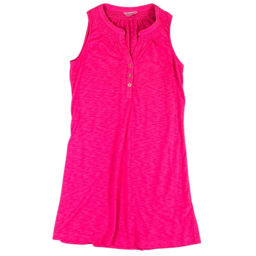 Lilly Pulitzer Pink Sleeveless Smocked Button Neck Slub Knit Shift Dress Small
